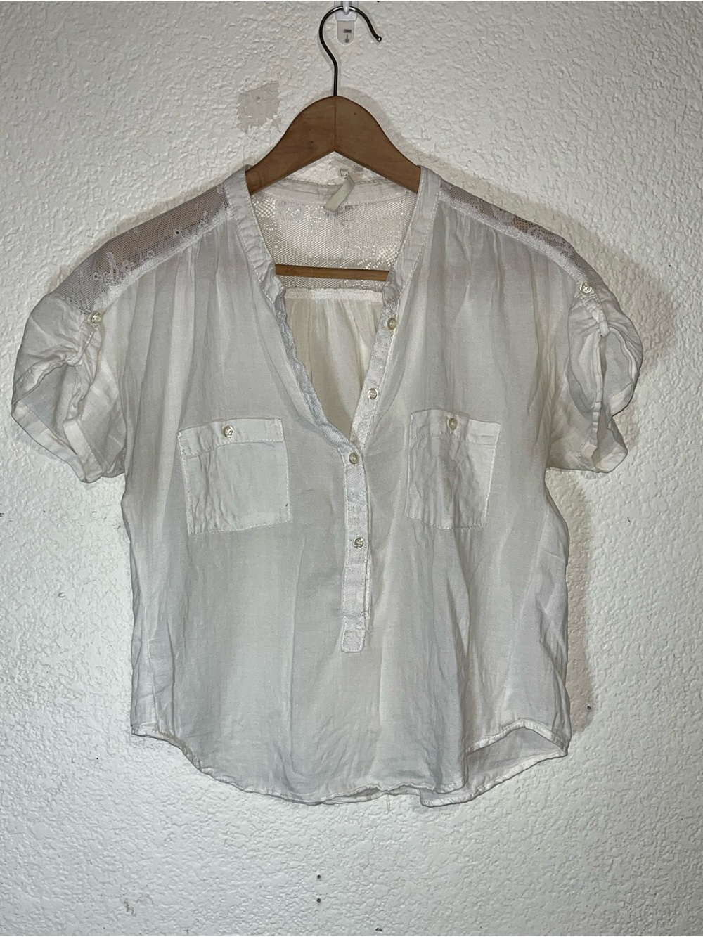 Bershka White Sheer Short-Sleeve Henley Blouse